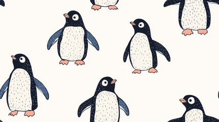 Pattern of cute penguins on a light background, perfect for various design projects.