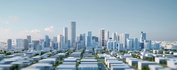 Fototapeta premium Modern city skyline with tall buildings and clear blue sky.