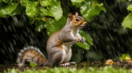Naklejka premium A squirrel stands in the rain, showcasing its fur and surroundings in a natural setting.