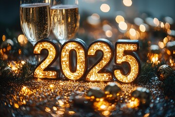 Golden numbers 2025 amidst sparkling lights.
