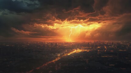 A Cityscape Underneath a Stormy Sky with Lightning Striking