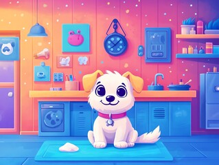 A cute cartoon dog wearing a red collar is sitting on a blue mat in a colorful vet clinic with medical equipment and supplies on the walls and shelves.