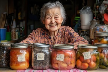 An elderly woman, delighted, sits behind a collection of homemade preserves in glass jars, showcasing her culinary skills and the colorful bounty of her kitchen.