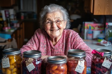 An elderly woman with gray hair smiles warmly, surrounded by a collection of vibrant glass jars filled with homemade preserves, in a cozy kitchen setting.