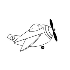 Doodle illustration. Cute plane. Black outline, white background