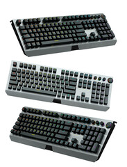 Collection of mechanical keyboards isolated on white background with clipping path. 3D rendering of...