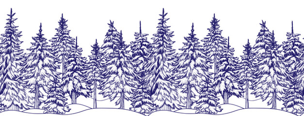Seamless horizontal pattern winter snowy forest of fir trees in engraving style