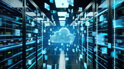 Cloud computing technology concept with server room background. 3D Rendering