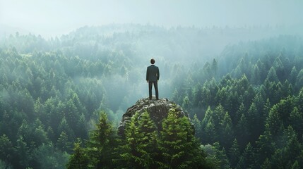 Businessman Overlooking Misty Forest Contemplates Environmental Sustainability
