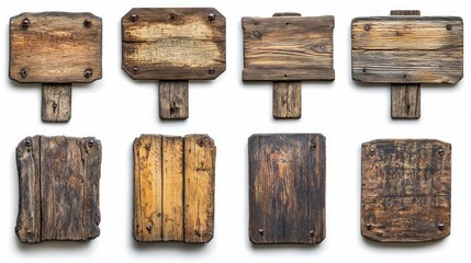 Collection of eight rustic wooden signs isolated on white background.