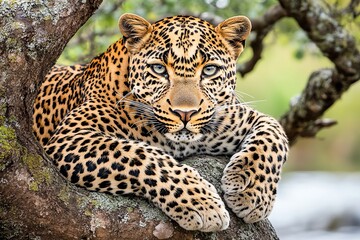 Fototapeta premium Close-up of a majestic leopard resting on a tree branch, highlighting its striking fur pattern and piercing eyes against a blurred natural background.