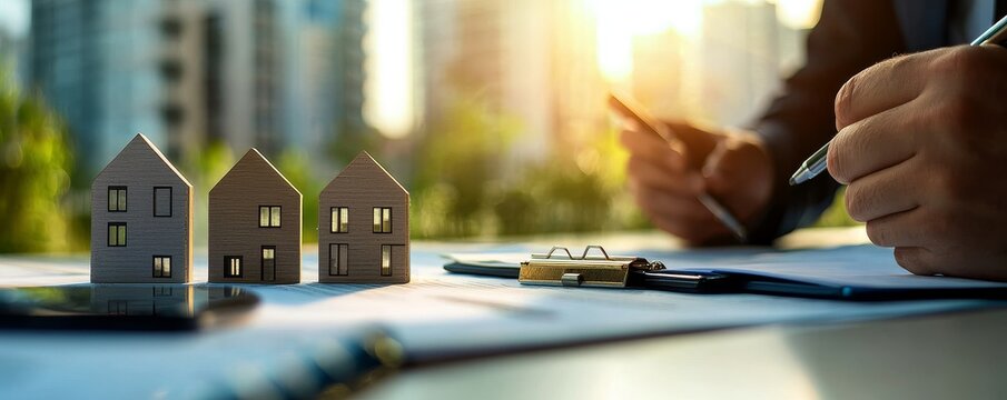 Model houses on desk, businessman taking notes, urban background, bright sunlight.
