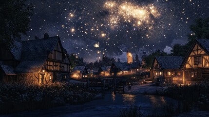 Enchanting Night in a Quaint Lakeside Village