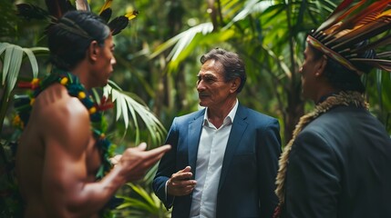 Businessman Meets with Indigenous Leaders to Discuss Sustainable Resource Management in Rainforest Setting
