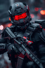 A futuristic soldier in tactical armor holds a rifle amidst a cityscape with glowing red lights at dusk