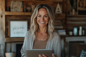 A blond woman with loose hair smiles warmly with a laptop in hand. Surrounded by cozy decor and rustic elements, she exudes positivity and calmness.