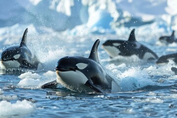 Fototapeta premium Orcas swimming icy waters