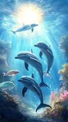 Fototapeta premium A serene underwater scene featuring dolphins swimming amidst colorful coral and fish.