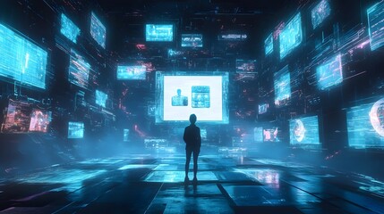A person standing in the center of an abstract digital cityscape, surrounded by glowing screens and holographic images representing various online services