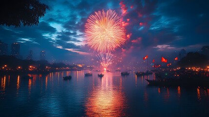 Vibrant Fireworks Over Calm Lake at Dusk