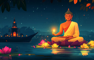 Buddha sitting cross-legged on a lotus, holding a candle in his hand with a boat behind him and a temple behind that.