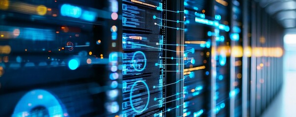 Obraz premium Futuristic data center with vibrant digital displays and server panels.
