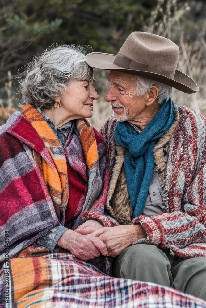 Sticker A loving elderly couple sharing a tender moment outdoors, wrapped in cozy blankets.