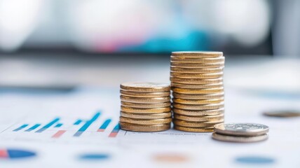 Close-up view of two stacks of coins placed on a financial document with charts and graphs in the background.
