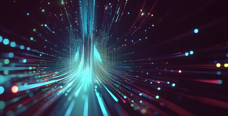 Fototapeta premium Electrical impulse, binary code. Futuristic wave. Neon Streaming. Data stream 3D illustration. Data funnel stream technology. Cyberpunk funnel