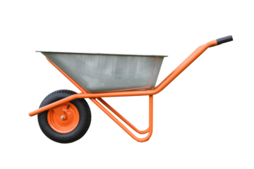 New one-wheeled metal wheelbarrow with orange frame isolated on white background.