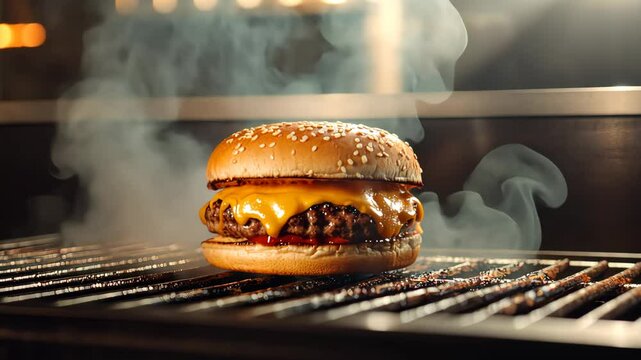 Delicious cheeseburger grilling with smoke