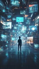 A person standing in the center of an abstract digital cityscape, surrounded by glowing screens and holographic images representing various online services