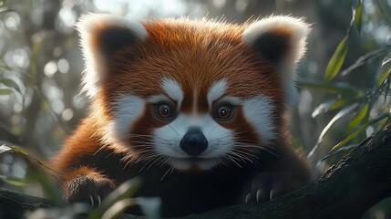 Fototapeta premium Cute Red Panda Cub Looking at Camera Closeup Realistic Image