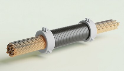 Metallic coil with copper rods, isolated on a soft green background, emphasizing industrial materials.