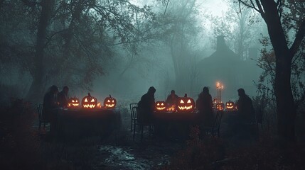 A haunted Halloween dinner in a foggy forest, with guests in gothic attire sitting around glowing jack-o'-lanterns.