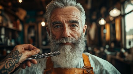 A senior man with a long white beard gets his beard trimmed by a barber in a barbershop.