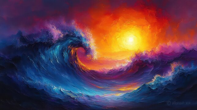dynamic waves in a colorful abstract composition merging hues of blue and purple with a radiant rainbow background radiating energy and movement inviting viewers into a surreal oceanic world