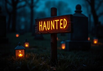 Illuminated Wooden Haunted Sign with Lanterns in a graveyard at night