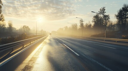 A serene morning scene with a wet highway illuminated by soft sunlight, surrounded by mist and lush trees, perfect for travel themes.