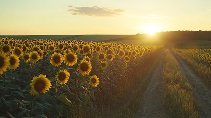 Beautiful sunflowers bloom in a golden field, illuminated by the warm glow of the sunset, creating a serene landscape.