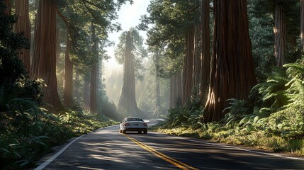 A serene drive through towering trees in a lush forest, capturing nature's beauty and tranquility on a peaceful road.