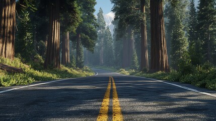 Serene road winding through majestic tall trees, surrounded by lush greenery and soft light, perfect for nature and travel themes.