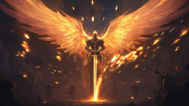 Angelic being with a sword surrounded by enemies. Bright, mystical colors and fantasy lighting highlight the dramatic battle.