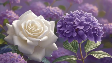 Elegant White Rose And Vibrant Purple Hydrangea Flowers, Close-Up, Romantic Floral Background