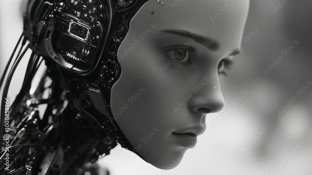 Poster Close-up of a female android's face with exposed mechanical components.