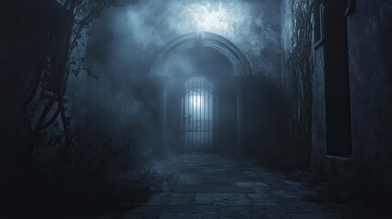 A haunted house entrance with eerie fog, cracked walls, and dim lighting, making it feel like a real haunted experience.