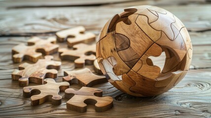 Wooden Spherical Puzzle with Disassembled Pieces ,National Puzzle Day