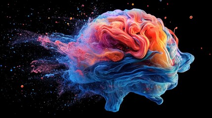 A colorful, abstract brain shape formed from splattered paint against a black background.