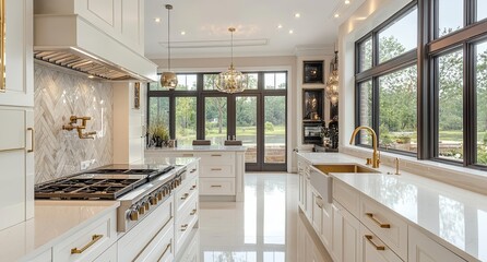 Modern White Kitchen in Estate Home , isolated on white background,  , copy space for text,