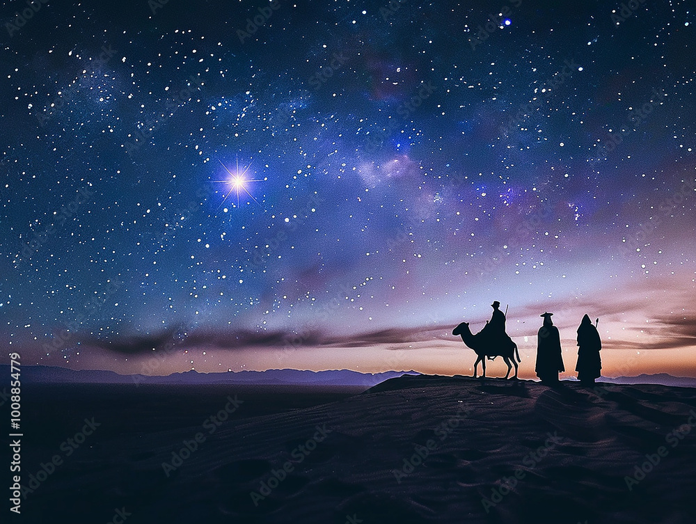 Wall mural the three wise men and the star of bethlehem at night